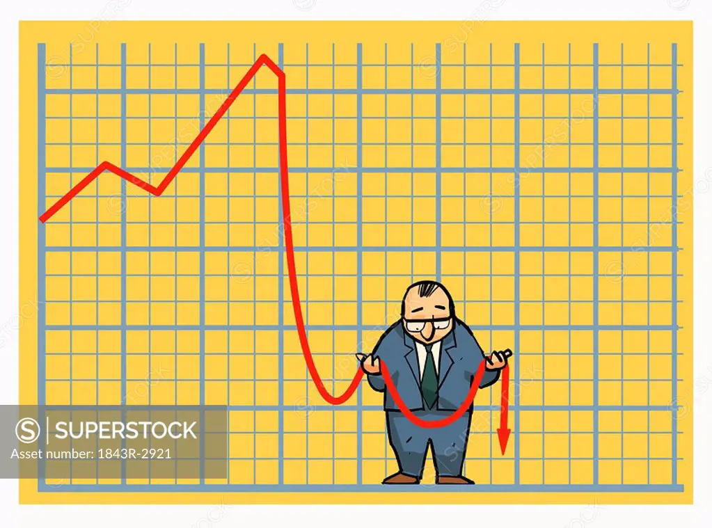 Businessman in stock chart holding limp arrow
