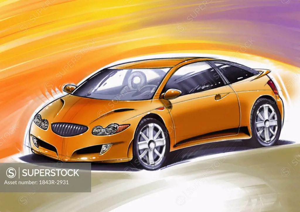 Golden orange two-door sports car with yellow and purple background