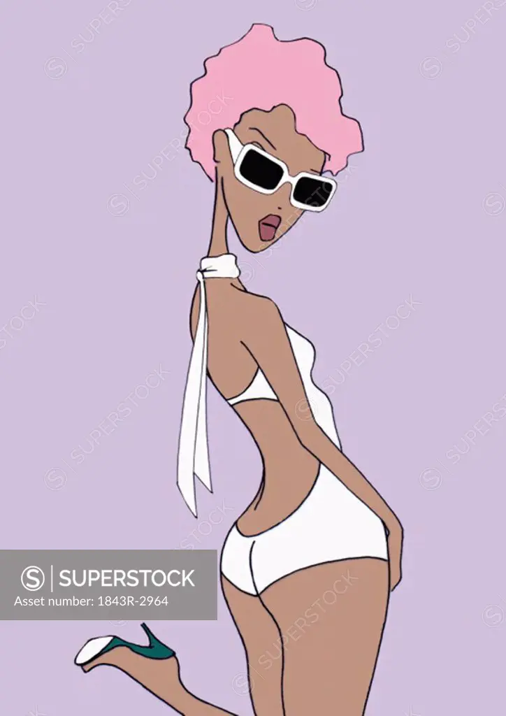 Woman in white bathing suit, heels, and pink hair