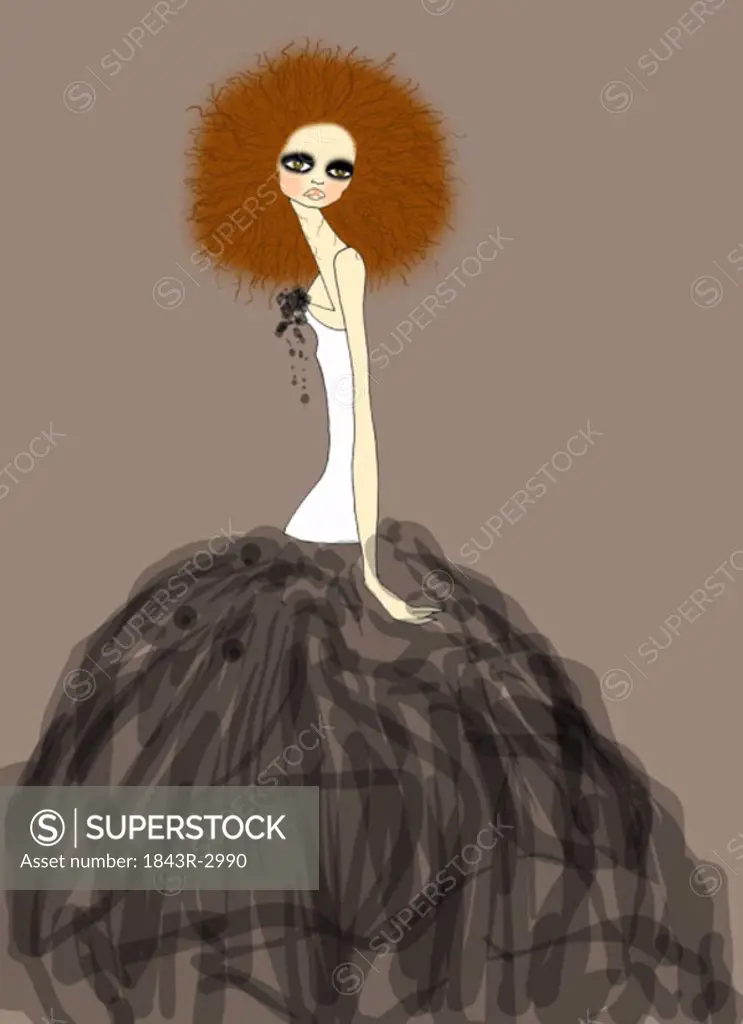 Woman in ball dress and round fuzzy hairdo