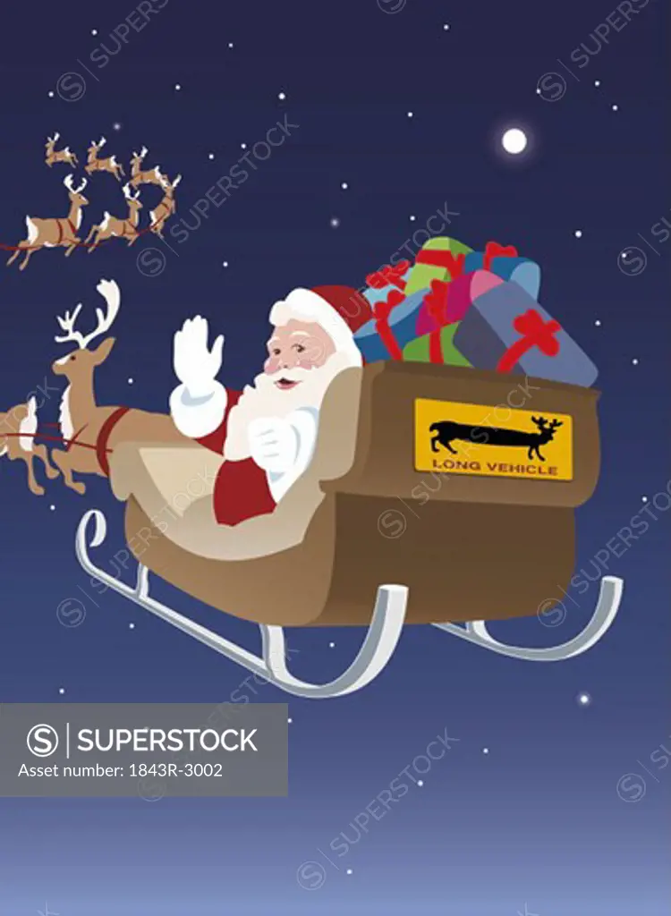 Santa Claus going into the night with his sleigh to distribute presents