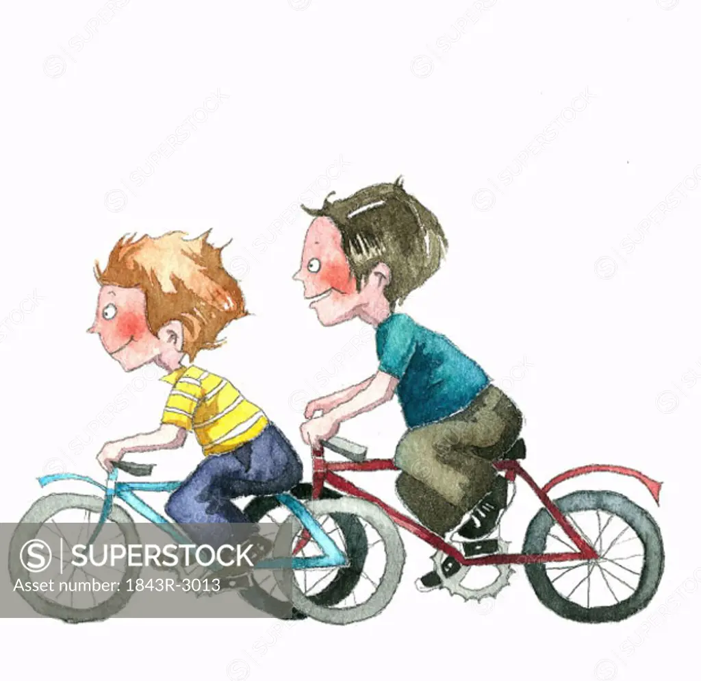 Two boys speeding on bicycles