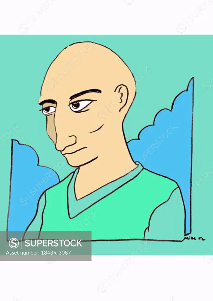 Portrait of bald man with big nose looking down