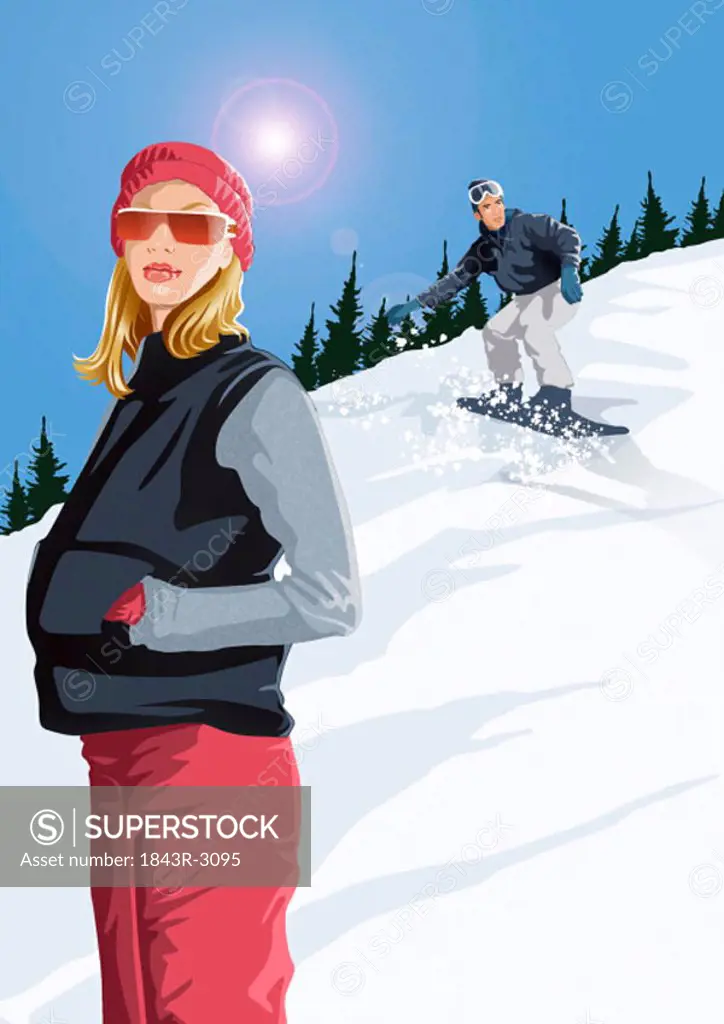 Woman standing in the snow with man in background snowboarding