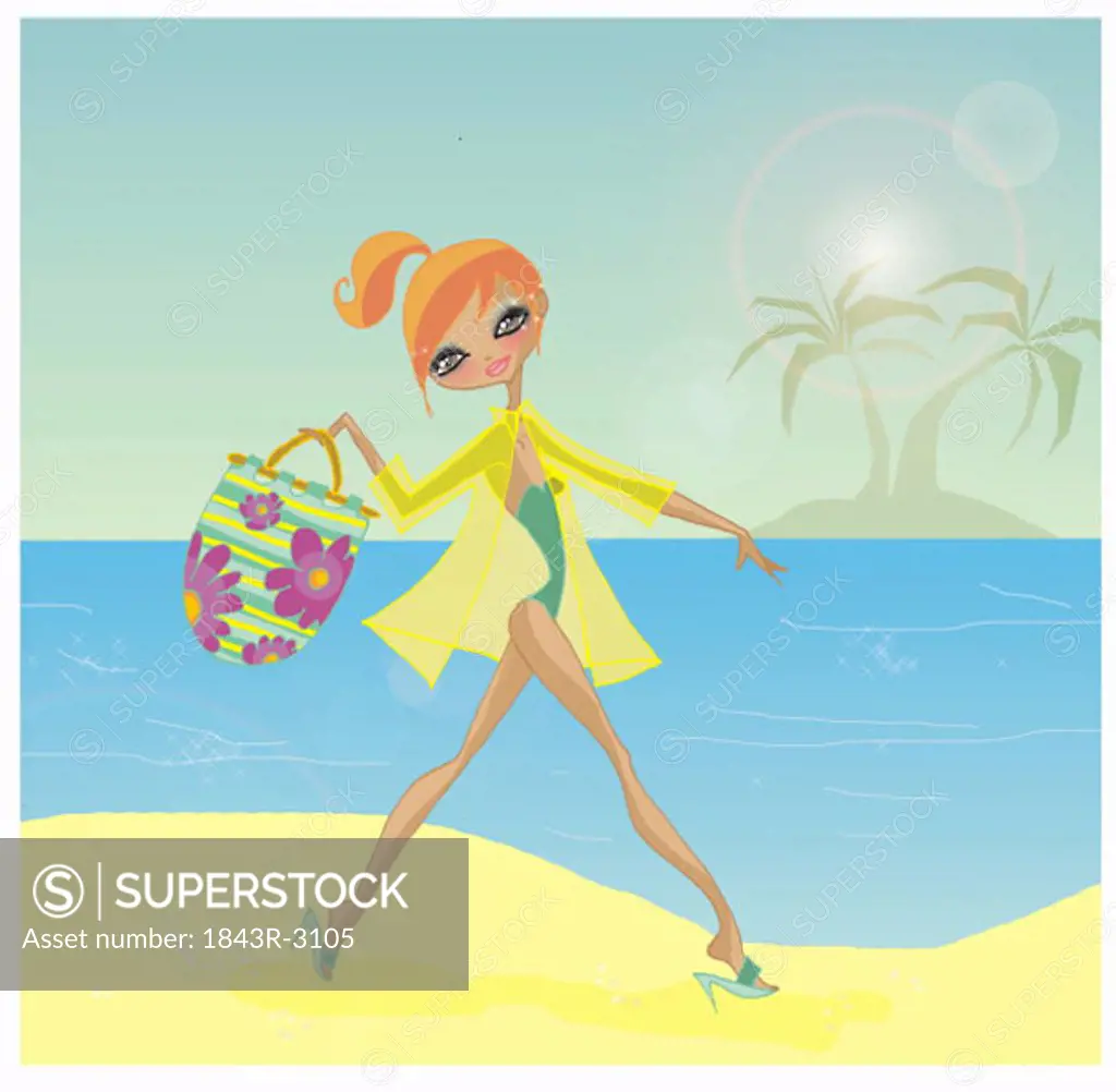Woman arriving on tropical beach with her beach bag