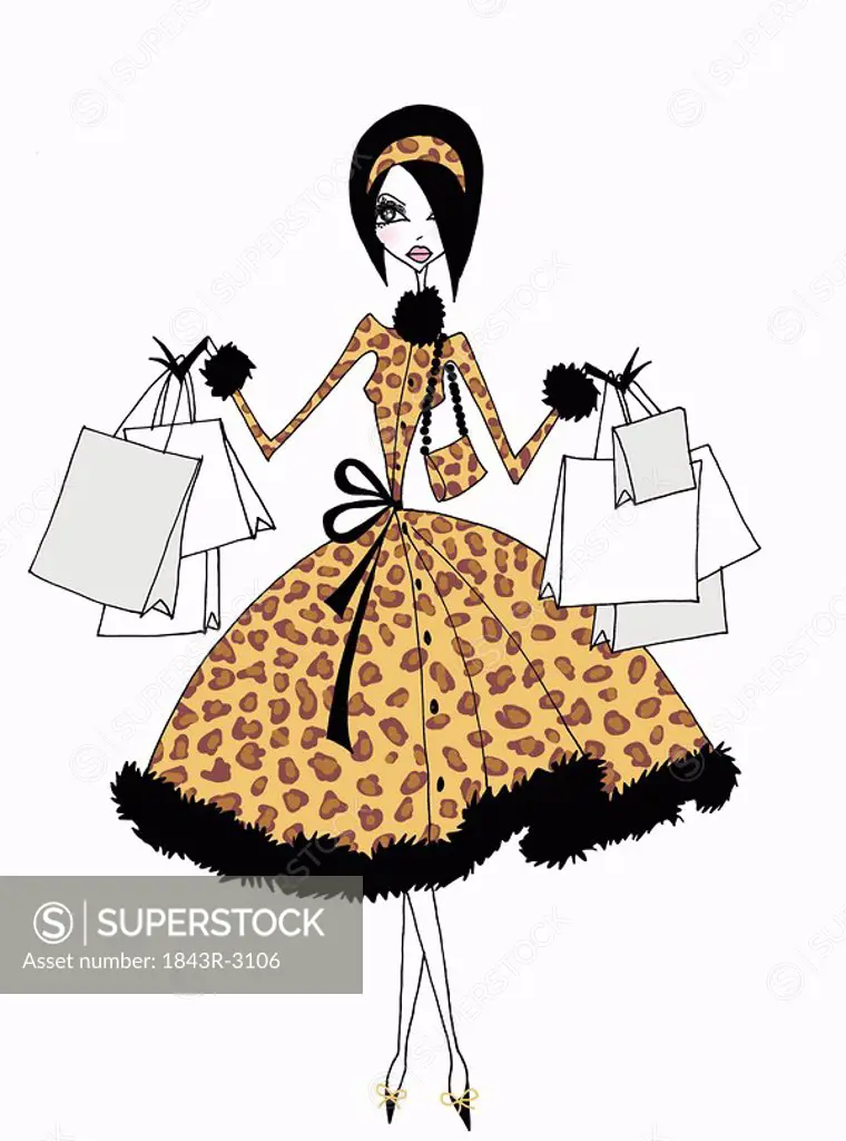 Young woman in leopard pattern outfit with many shopping bags