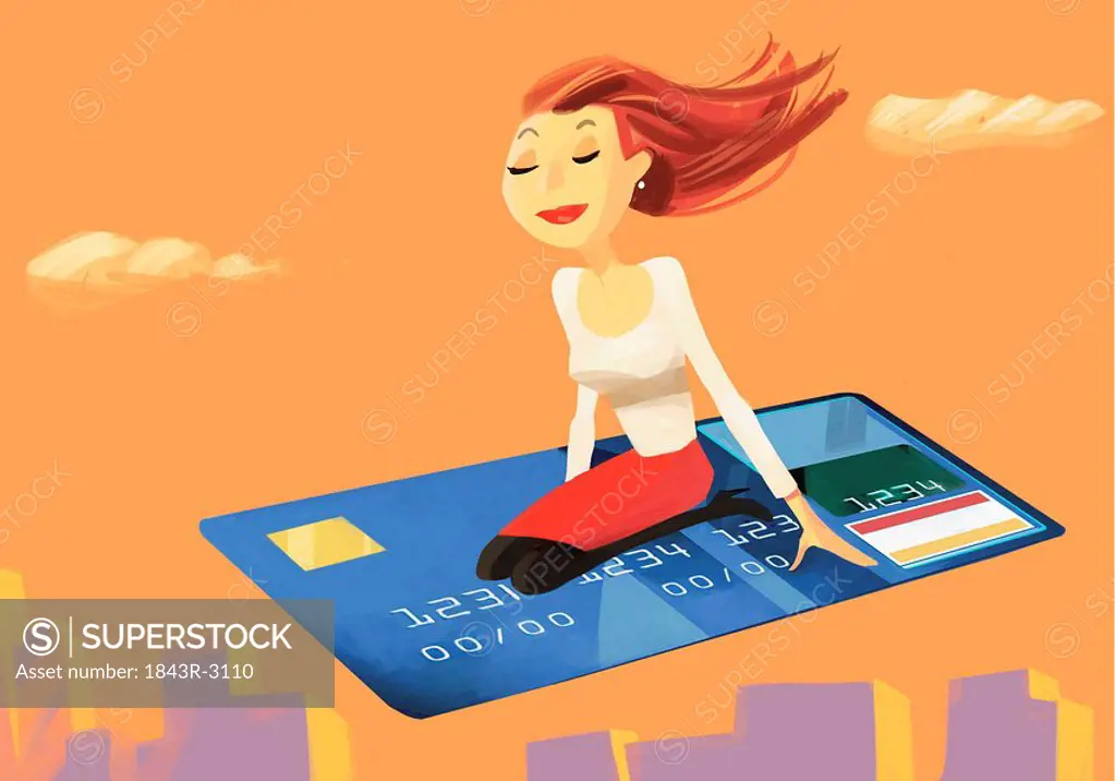Woman riding credit card in the sky
