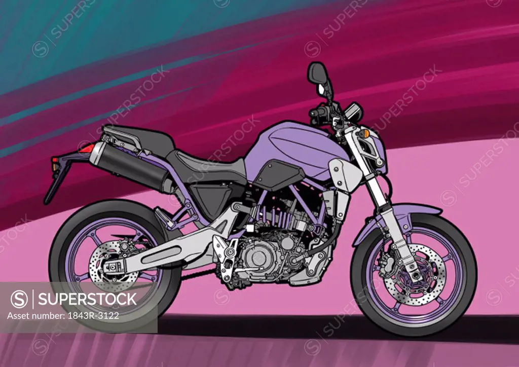 Purple naked street motorbike with pink, magenta, and blue background