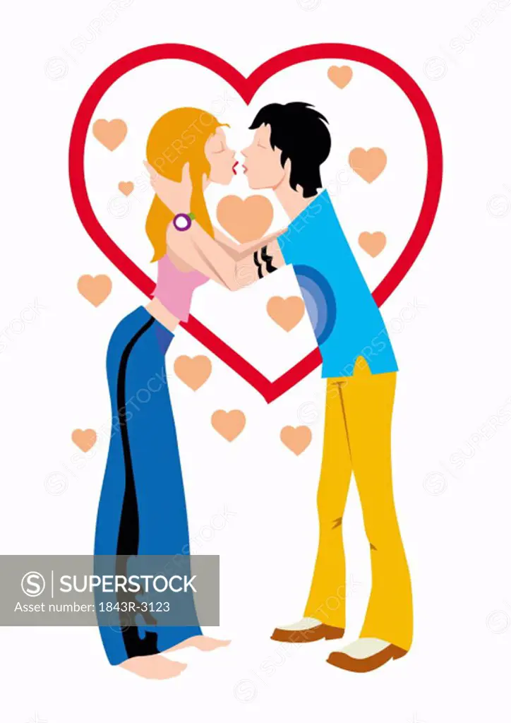 Couple kissing with hearts surrounding them