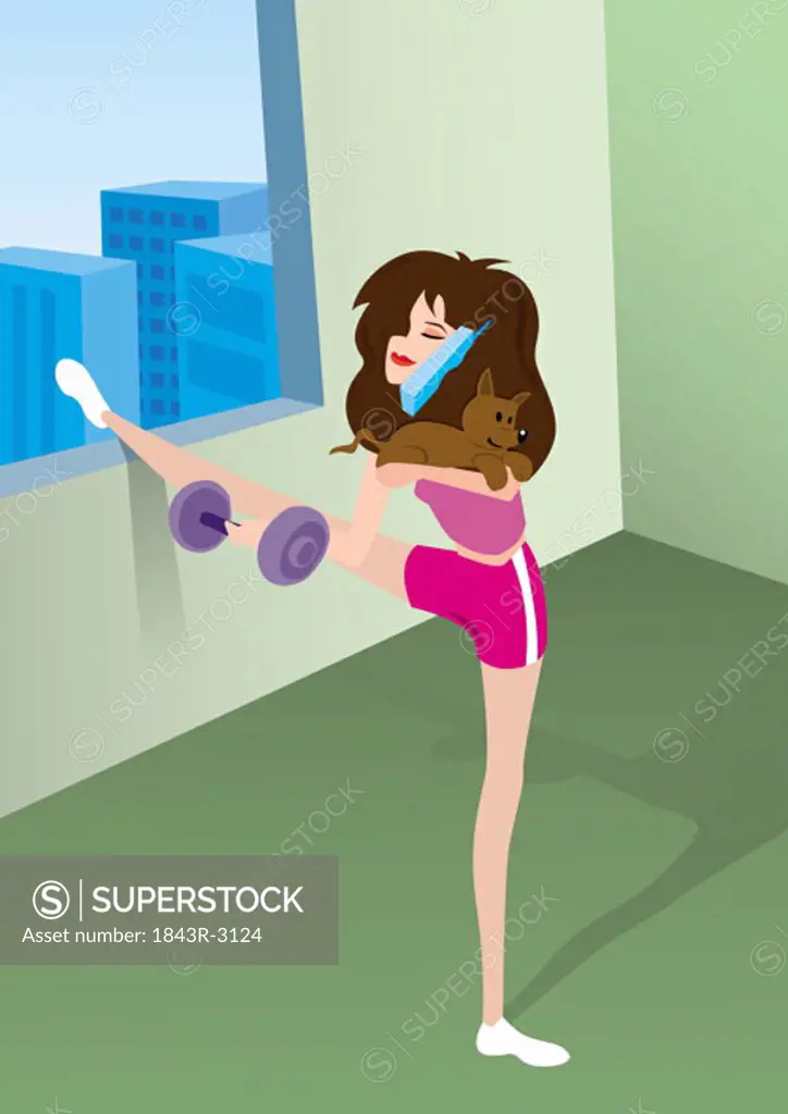 Young woman exercising while holding the phone and her dog