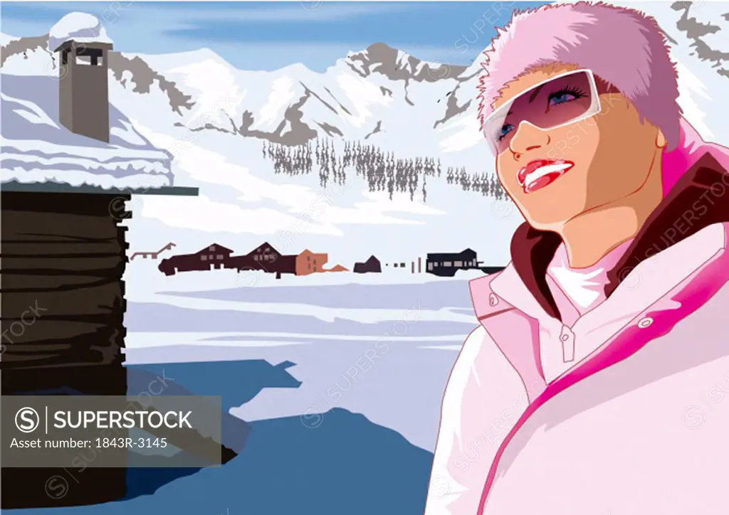 Woman in pink winter outfit by ski lodge