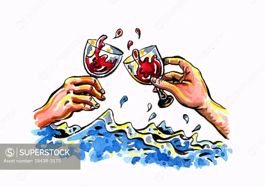 Male and female hands toasting wine glasses in stormy weather