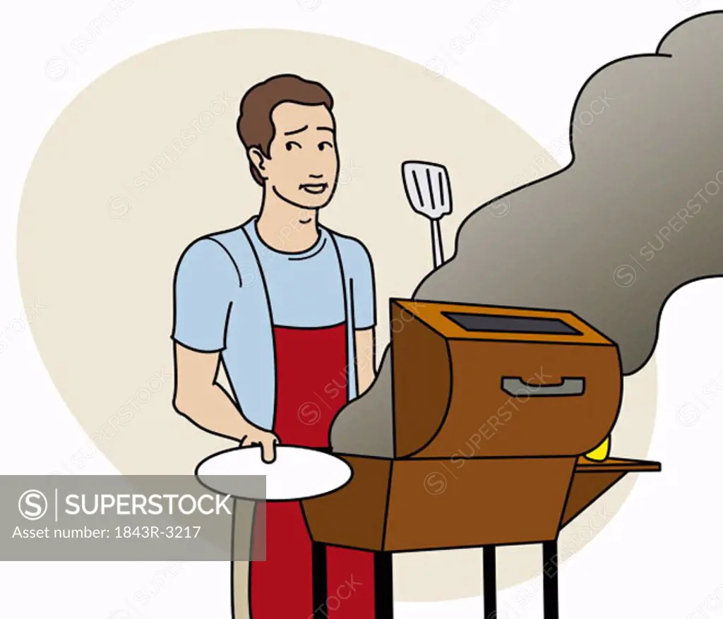 Worried man grilling with smoke coming out of the grill