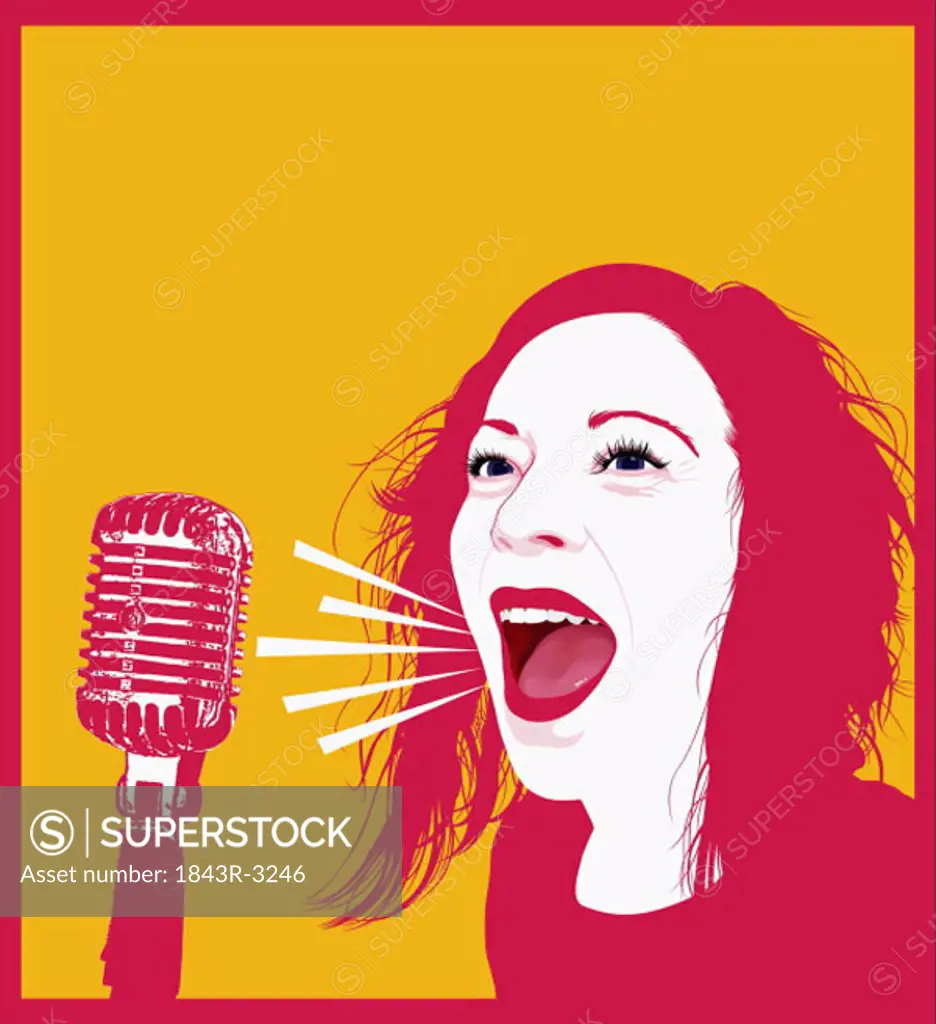 Woman singing with an old fashioned mic