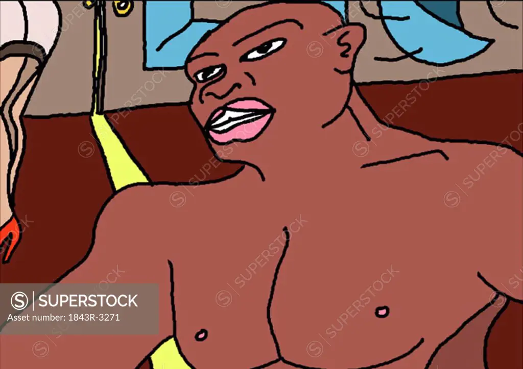 Bald black man with bare chest