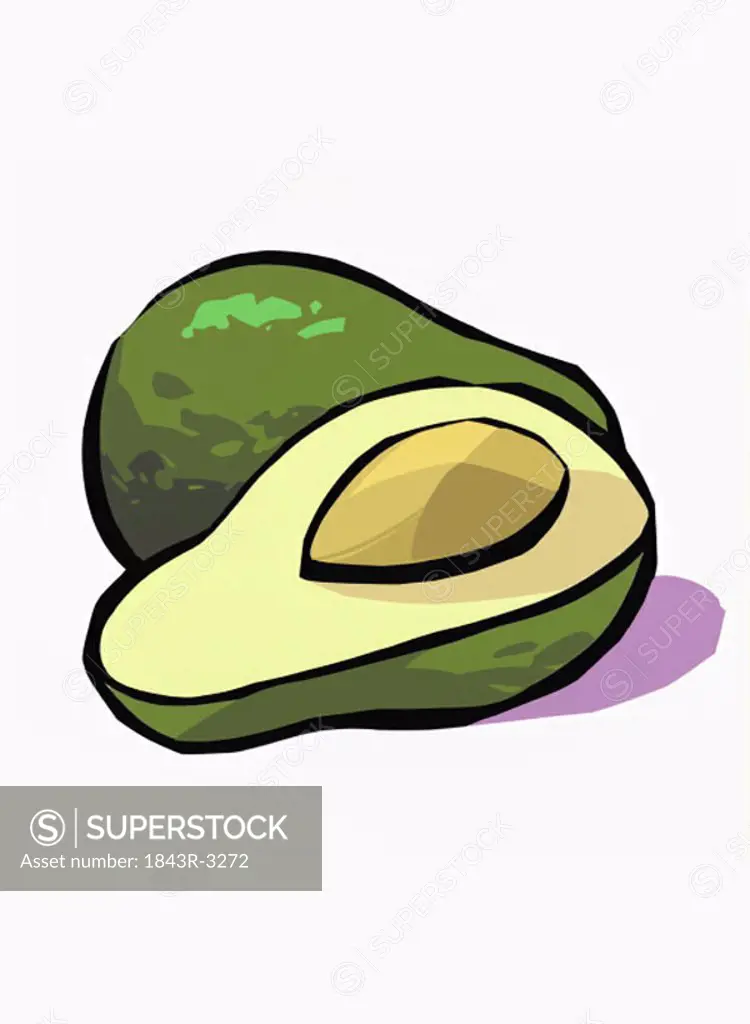 A whole avocado next to an avocado half