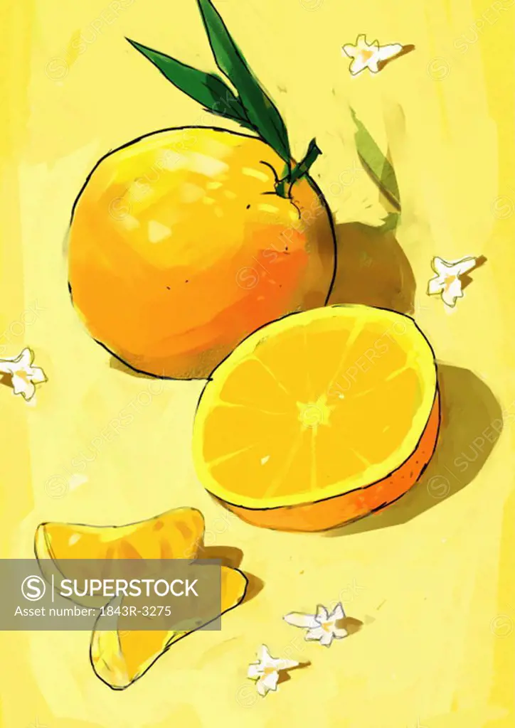 Whole and cut oranges