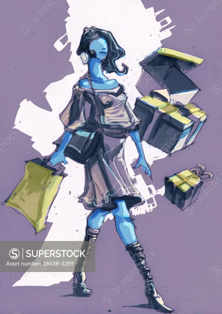 Woman with a shopping bag and present boxes