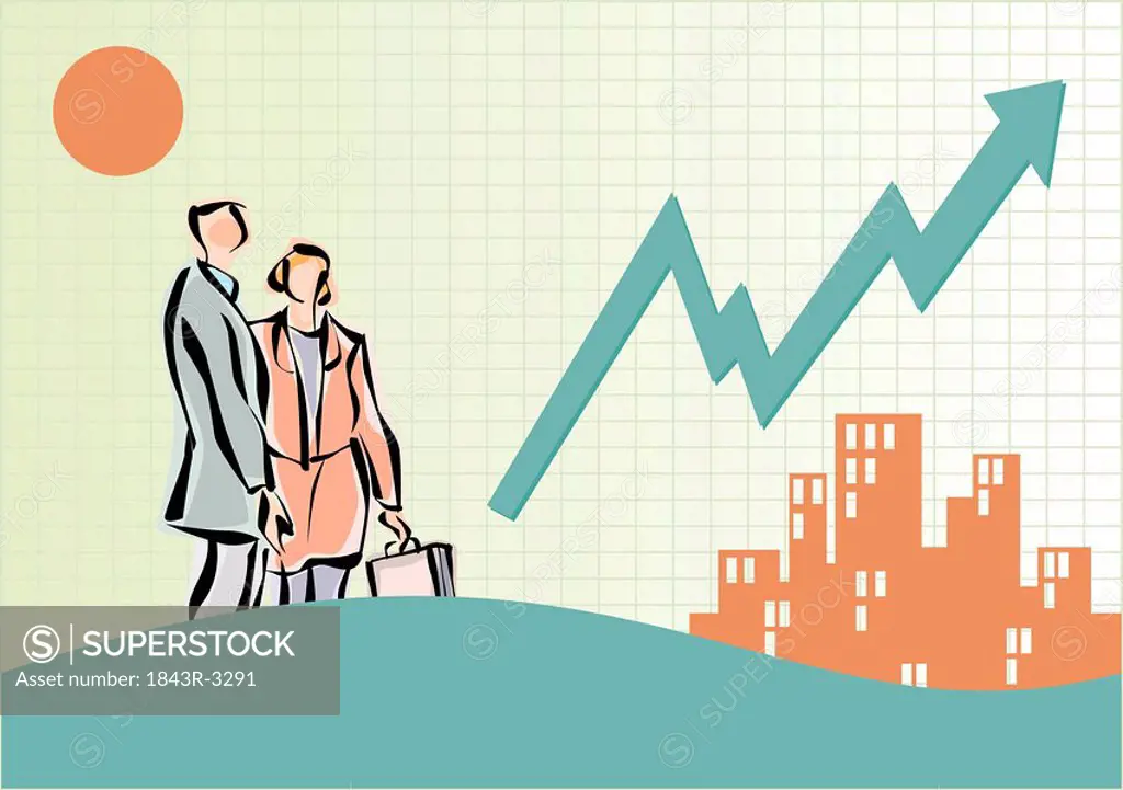 Business people near buildings and line graph