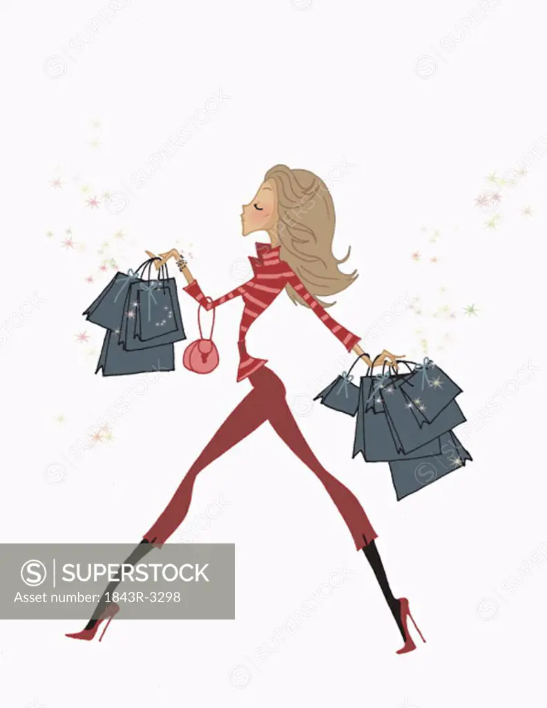 Fashionable woman walking with many shopping bags