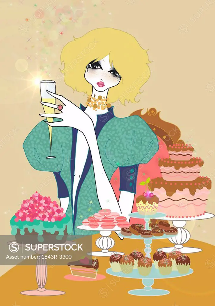 Young woman with champagne and sweets