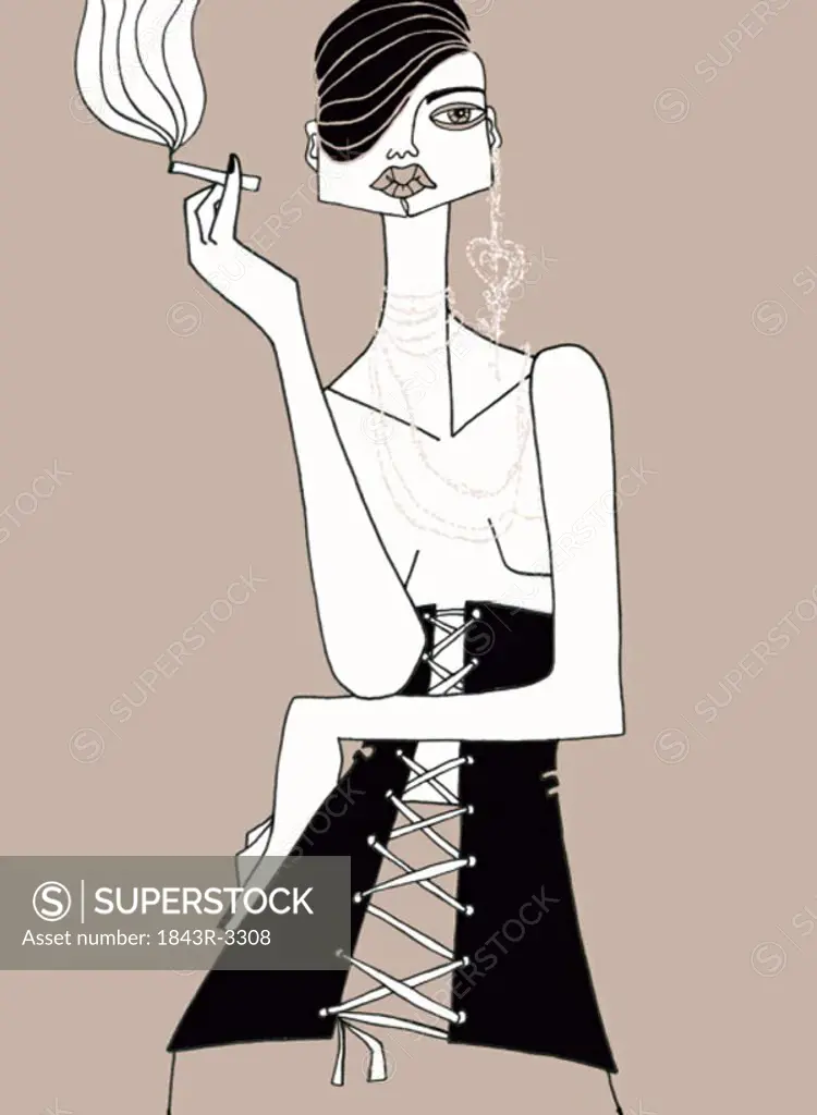 Woman in corset and short hair smoking a cigarette