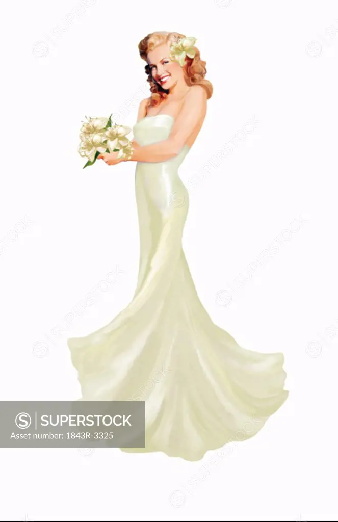 Pinup girl dressed in white gown with flowers