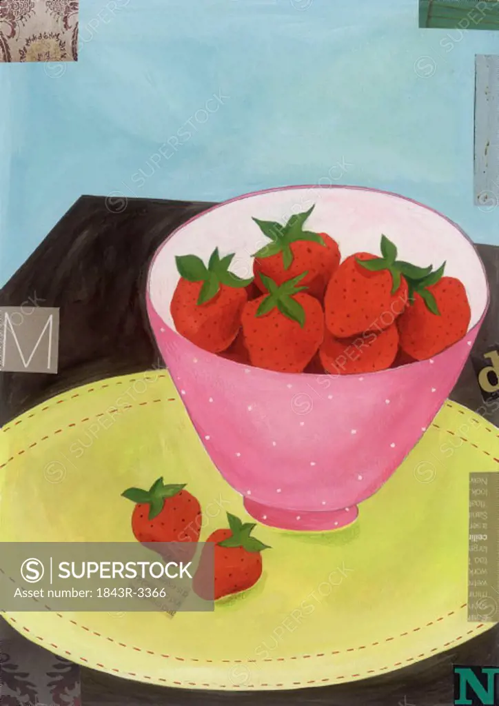 A bowl of strawberries on a placemat on a table