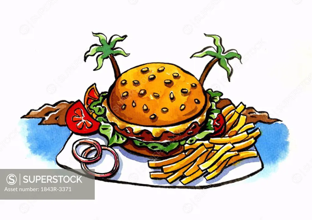 Plate of cheeseburger and french fries hovering over a desert island