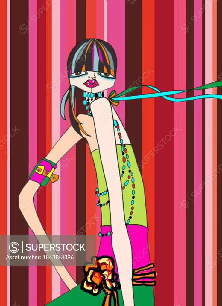 Woman posing in colorful clothing and jewelry