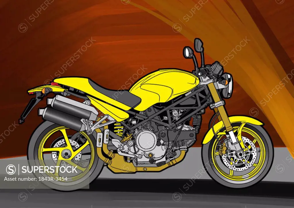 Bright yellow naked street motorbike with fiery orange background