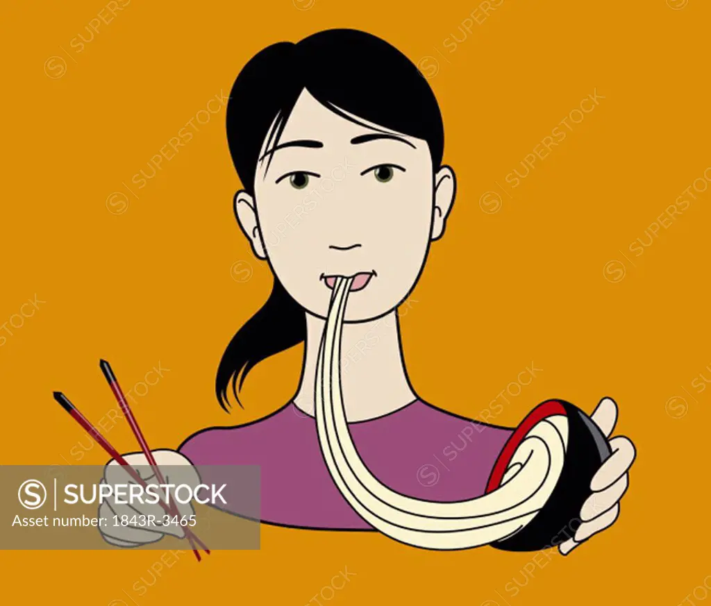 Asian woman eating a bowl of noodles