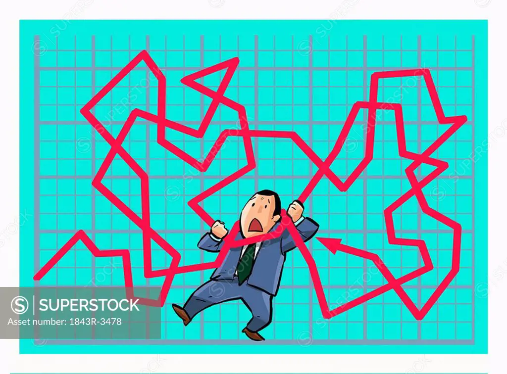 Businessman tangled in a stock chart arrow