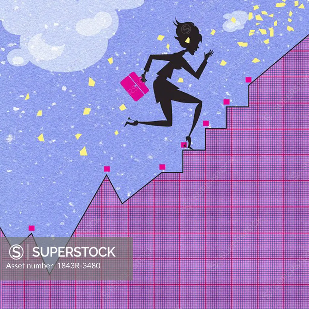 Businesswoman climbing up bar chart steps