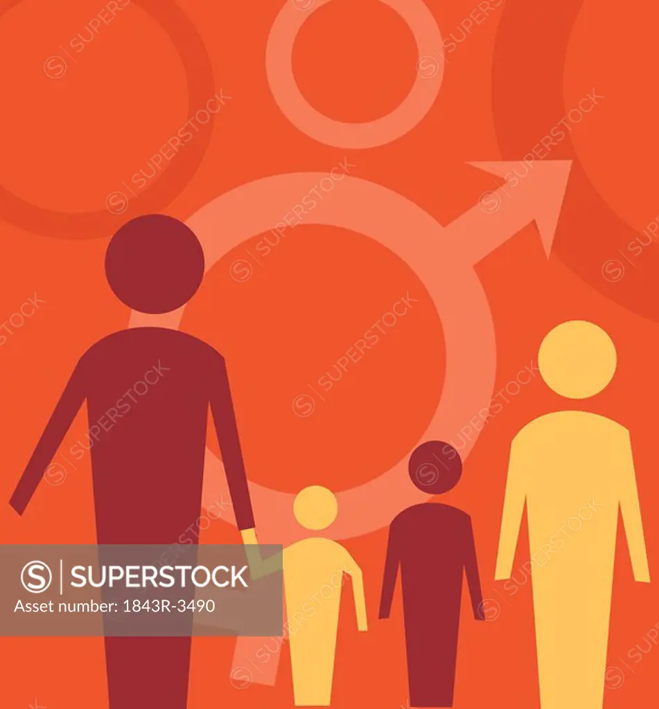 Family standing with male female sign