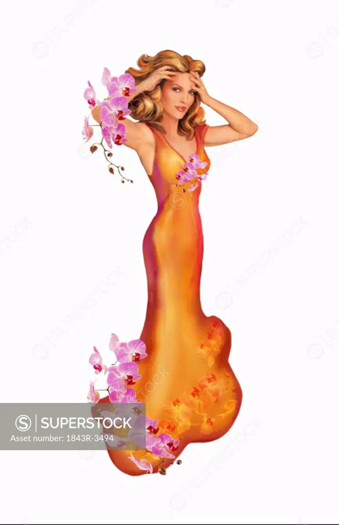 Woman in long orange gown adorned with flowers
