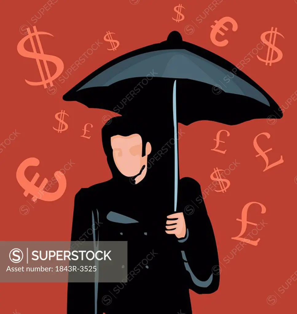 Man standing with umbrella and Currency symbols in background