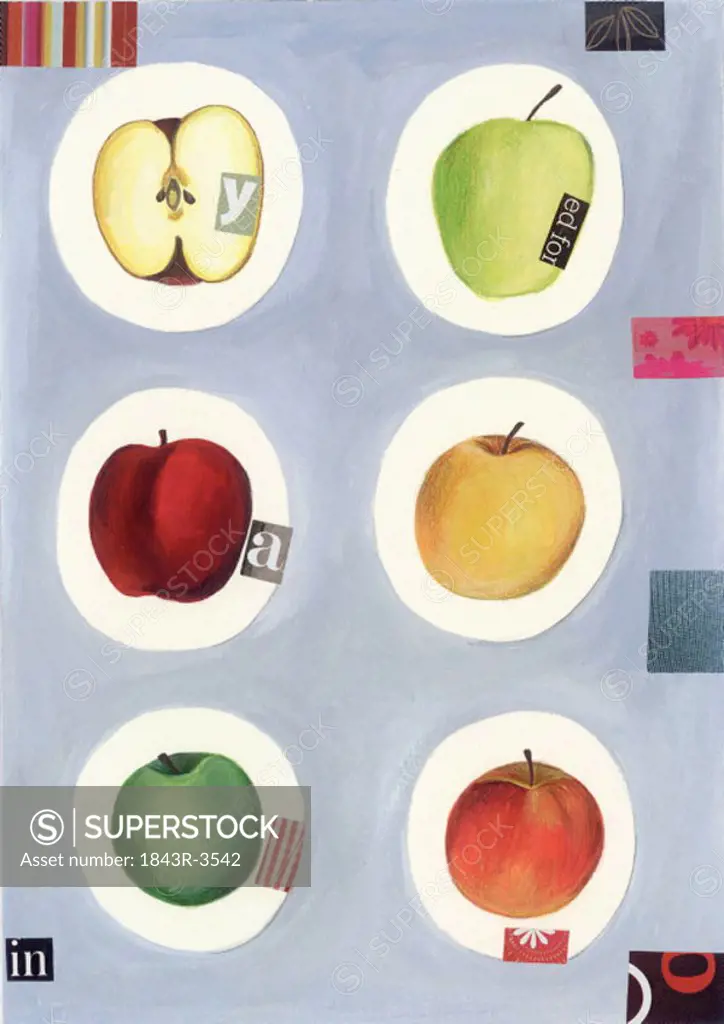 Several types of apples in colored circles