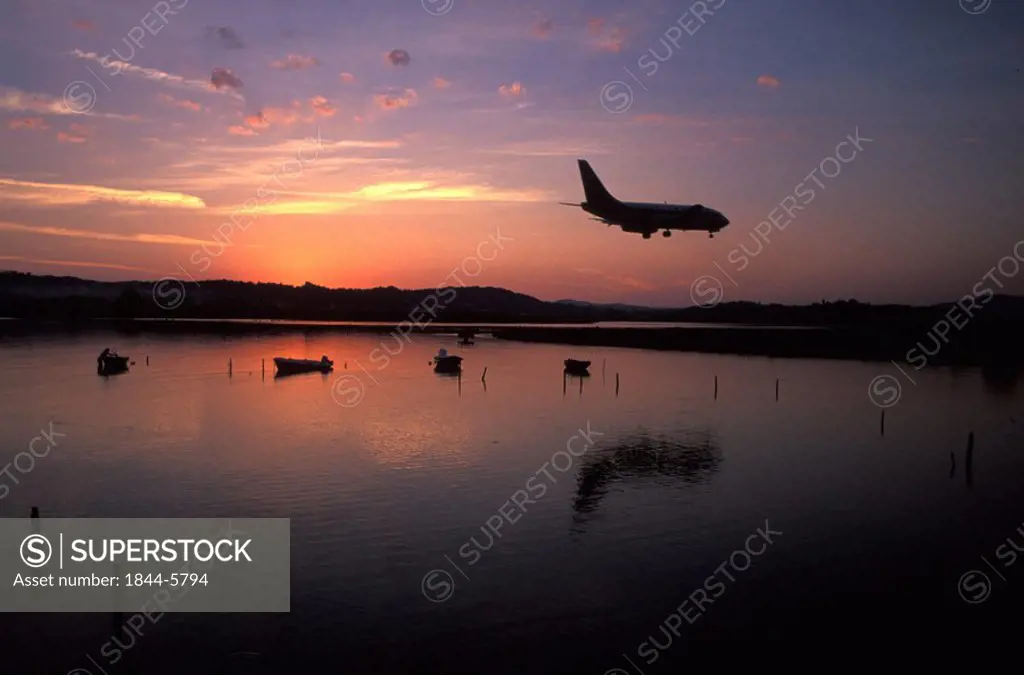 Mouse Island, lagoon, sunset, airplane Corfu, Ionian Islands, Greece
