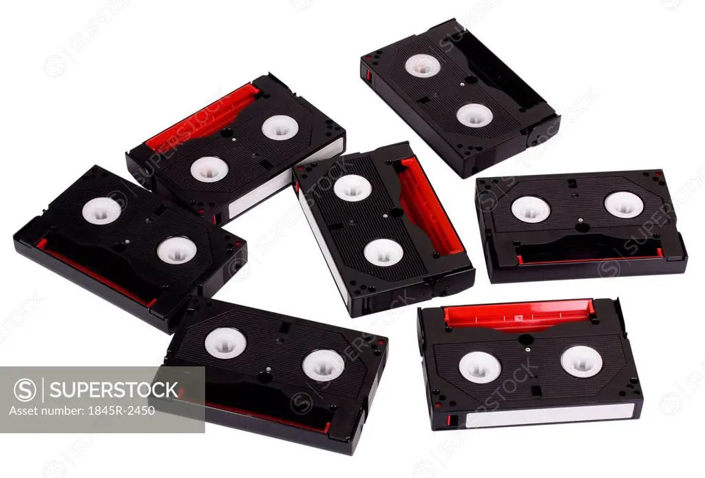 High angle view of video cassettes