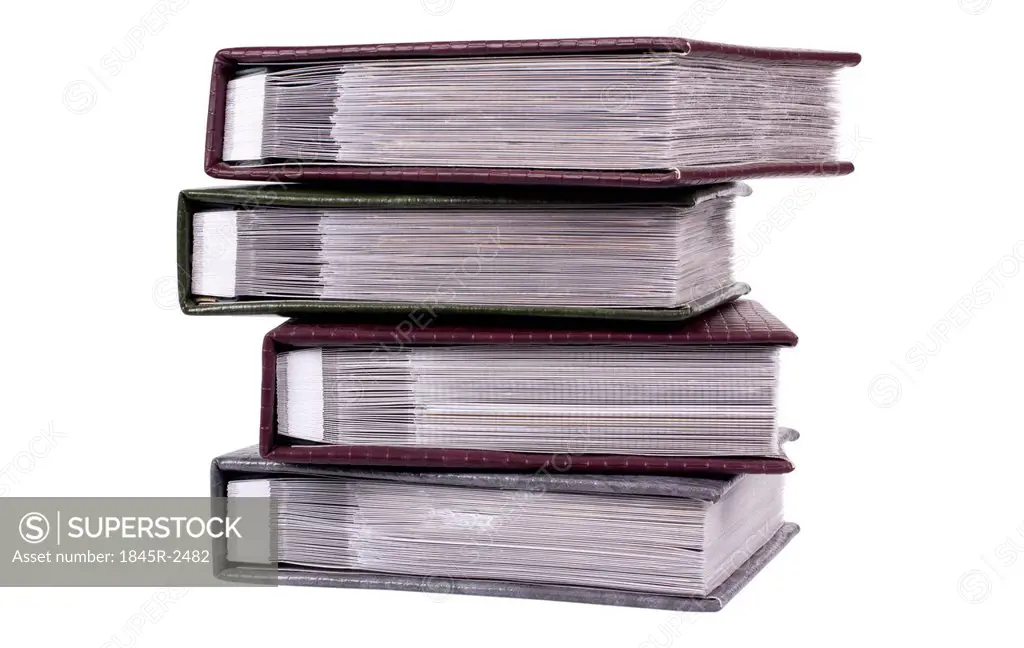 Close-up of a stack of photo albums