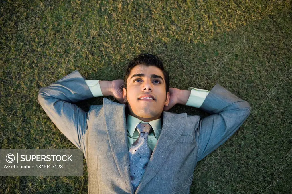 Businessman lying in a park