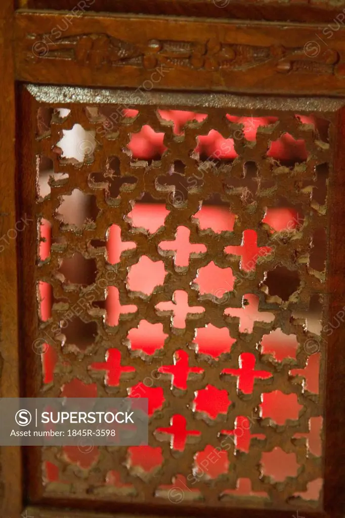 Close-up of a wooden window frame, Gwalior, Madhya Pradesh, India