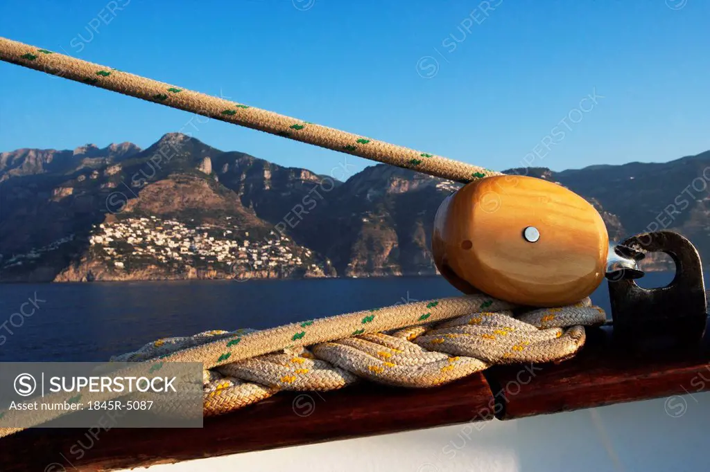 Close-up of the tackle of a clipper ship, Amalfi, Province Of Salerno, Gulf Of Salerno, Tyrrhenian Sea, Campania, Italy