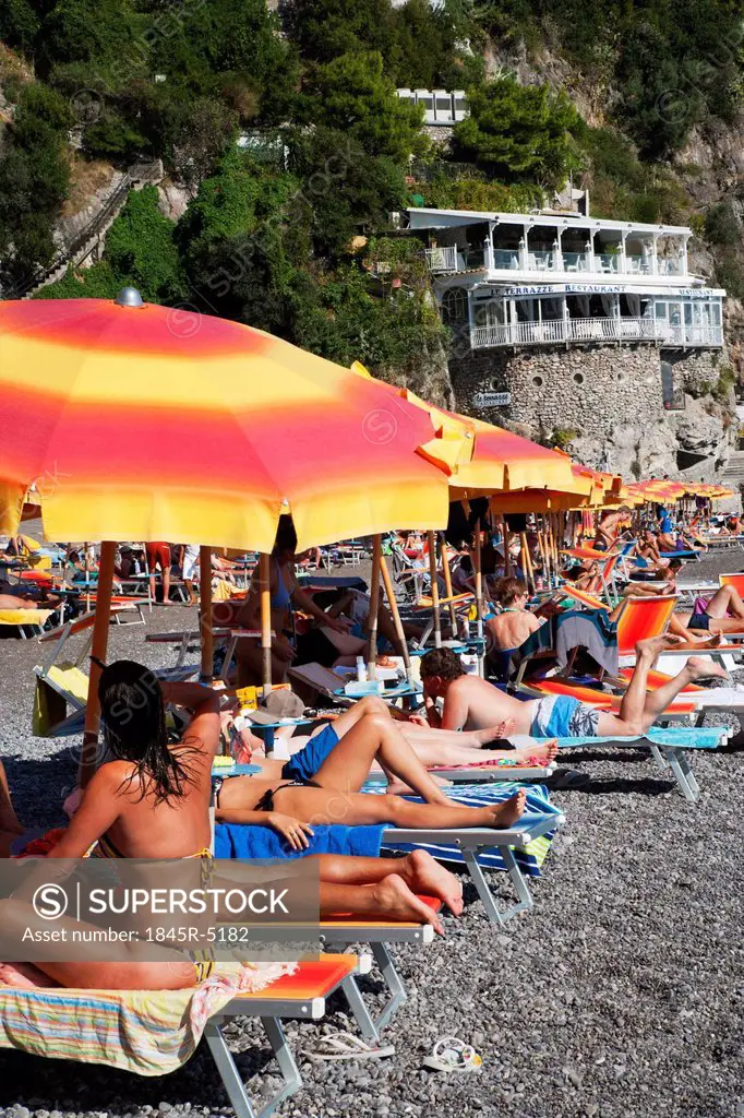 Tourists on the beach, Amalfi, Province Of Salerno, Gulf Of Salerno, Tyrrhenian Sea, Campania, Italy