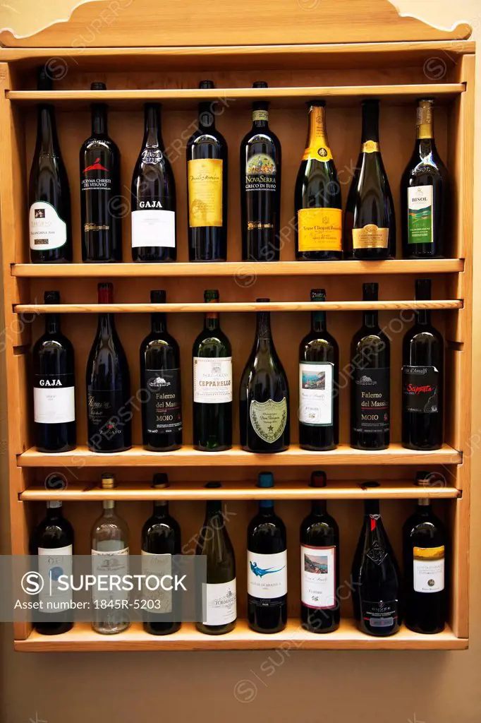 Wine bottles in display, Amalfi, Province Of Salerno, Campania, Italy