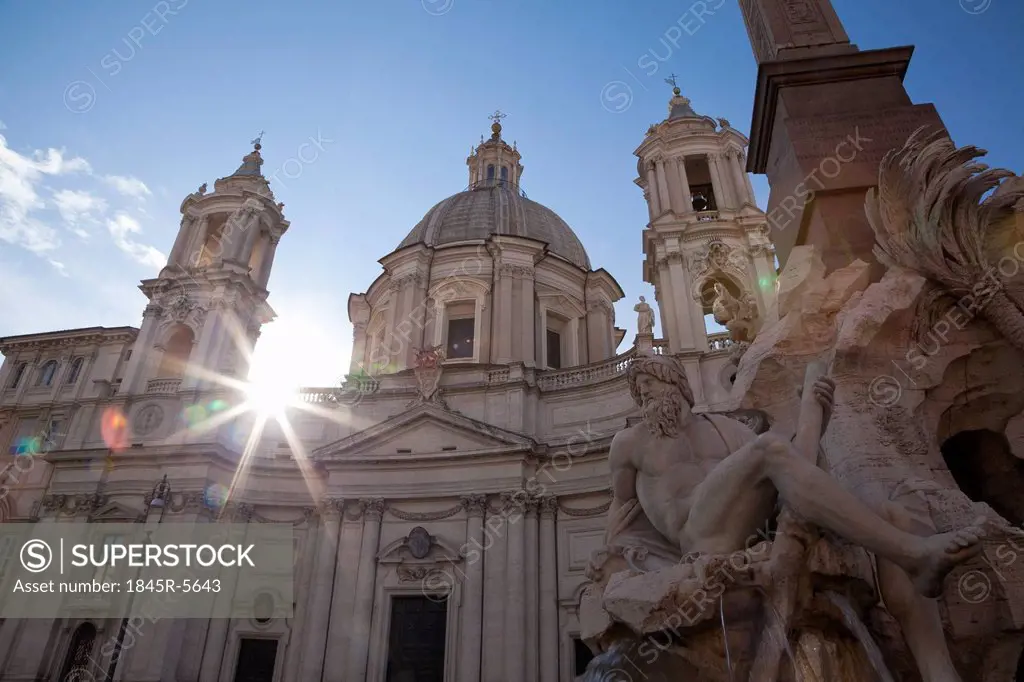 Fountain of the four Rivers with obelisk, church of SantAgnese in Agone, Piazza Navona, Rome, Lazio, Italy