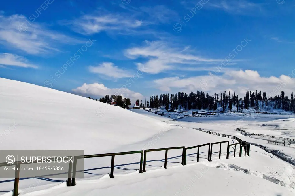 Fence in a snow covered field, Kashmir, Jammu And Kashmir, India