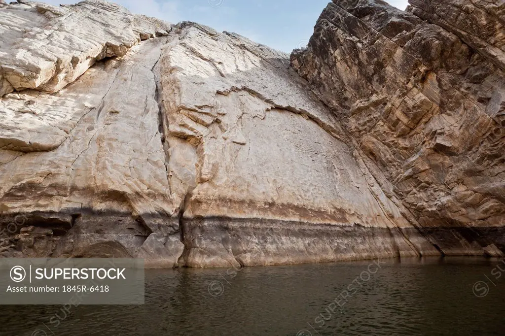 Marble rocks alongside Narmada River, Bhedaghat, Jabalpur District, Madhya Pradesh, India