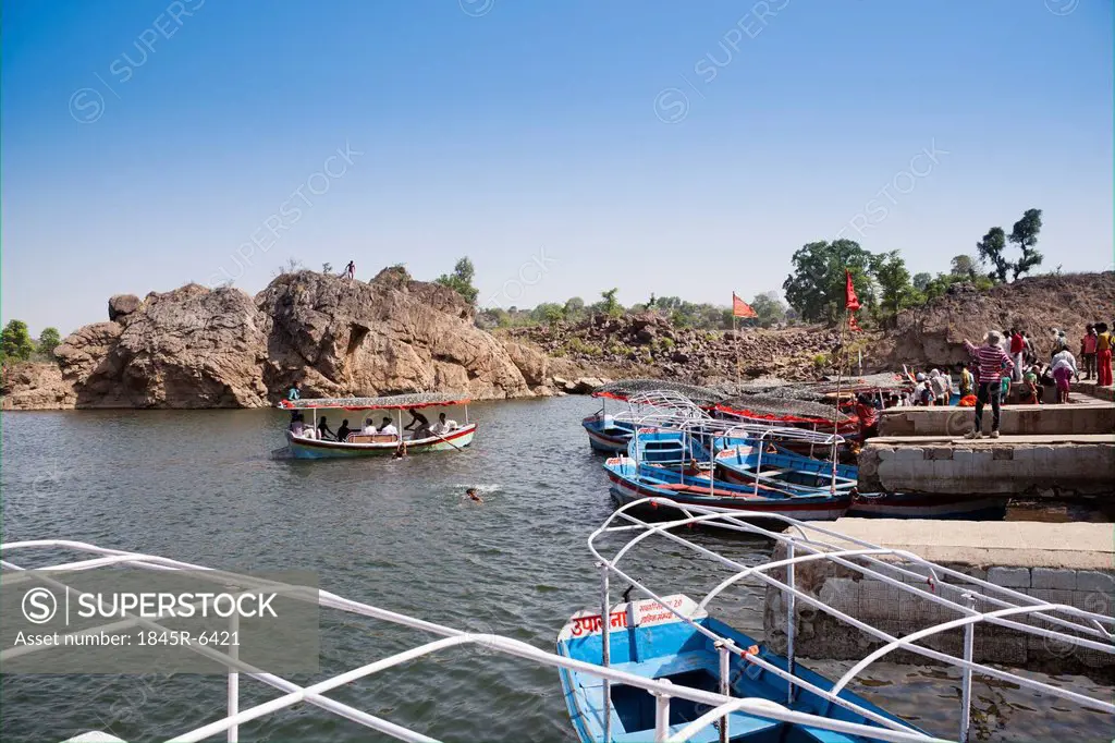 Tourists enjoying boat riding at Narmada River, Bhedaghat, Jabalpur District, Madhya Pradesh, India